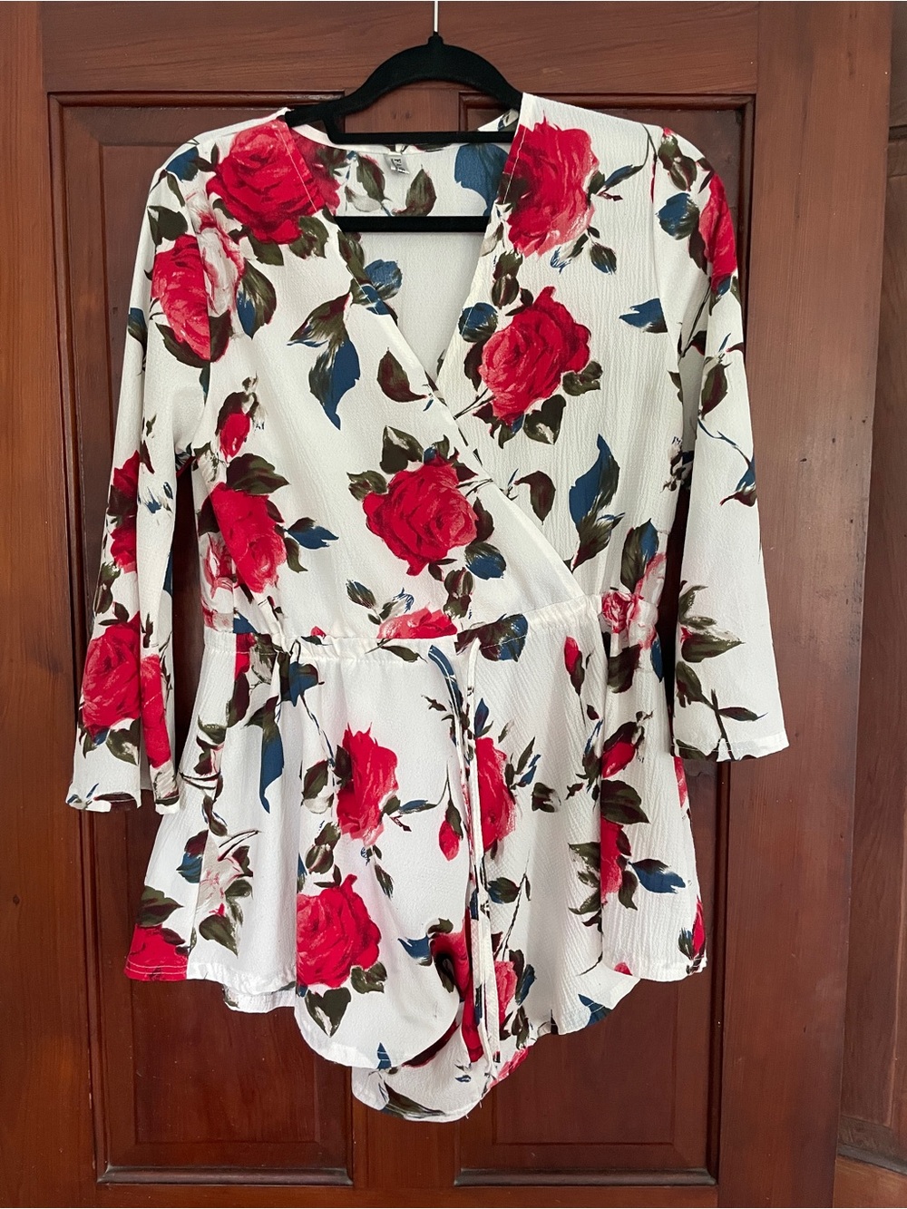 White Floral Wrap Romper with Red Roses
